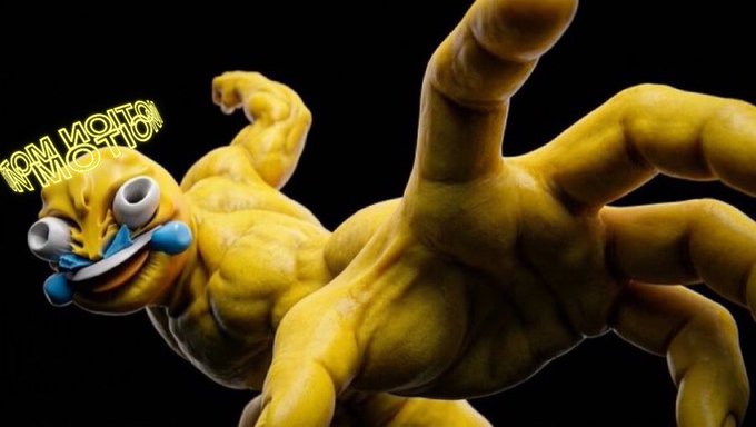 A dynamic 3D render of a yellow muscular creature with bulging eyes and blue liquid dripping from its mouth, with the text 'YELLOW MOTION' visible on the left.