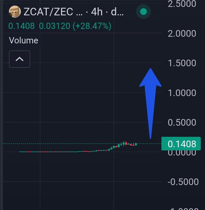 A crypto trading chart showing the ZCAT/ZEC pair with prices 0.1408 and 0.03120 (+28.47%) on a 4h timeframe, with a large blue arrow pointing upward to highlight an upcoming price movement.