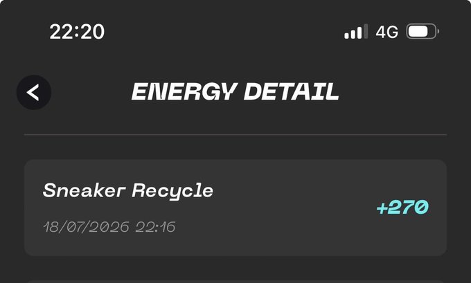 A dark mobile app screen titled 'ENERGY DETAIL' showing a 'Sneaker Recycle' transaction on 18/07/2026 at 22:16 that awarded +270 energy points.