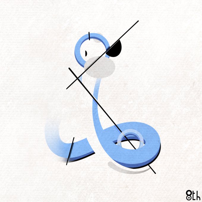 A minimalist abstract illustration of a blue snake-like figure with black geometric line overlays on a textured beige background, signed '8th' in the corner.