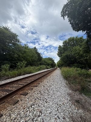 Railroad tracks extending into the distance, flanked by gravel and dense green vegetation under a cloudy blue sky.