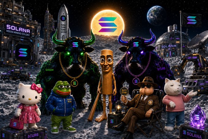 A surreal crypto-themed scene on a lunar surface features Solana-branded installations, bull mascots, Hello Kitty, Pepe the Frog, a carved wooden figure, and a detective cat, with visible tickers and text including "SOLANA," "MOON MINING COLONY," "ANSEM," "SOLANA," and labels like "SCURB," "BUTT COIN," and "SOLANA" on crates—visually echoing the morning bullish shoutout for $SOL and its memecoin companions.
