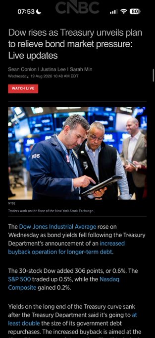 A CNBC news notification dated Wednesday, 19 Aug 2026, headlined 'Dow rises as Treasury unveils plan to relieve bond market pressure: Live updates,' showing traders on the NYSE floor and reporting the Dow up 306 points.