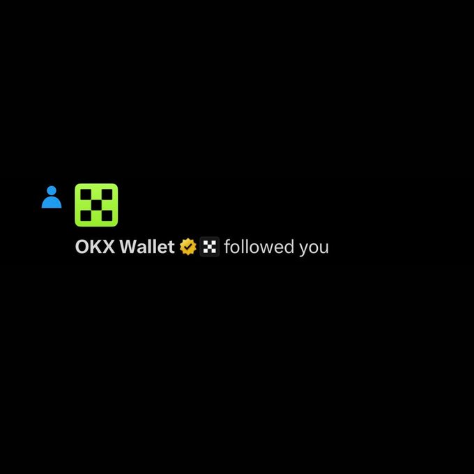 A notification on a black background shows "OKX Wallet" with verified and app badges stating "followed you," accompanied by the OKX Wallet logo, paired with a post asking followers to "Drop a GM below" — suggesting the follow notification is being used to prompt engagement.