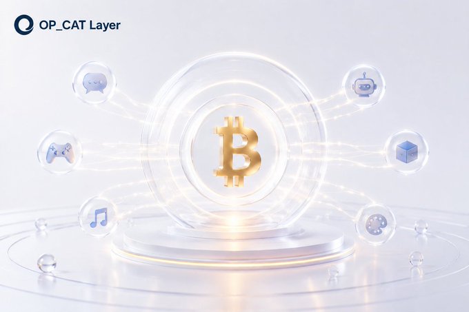 A promotional graphic for 'OP_CAT Layer' featuring a Bitcoin symbol in the center surrounded by icons representing chat, gaming, music, AI, and NFTs.