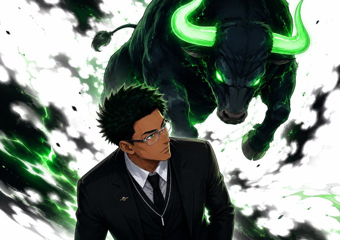 An anime-style illustration of a man in a black suit and glasses looking back over his shoulder at a large, menacing black bull with glowing green horns and eyes.