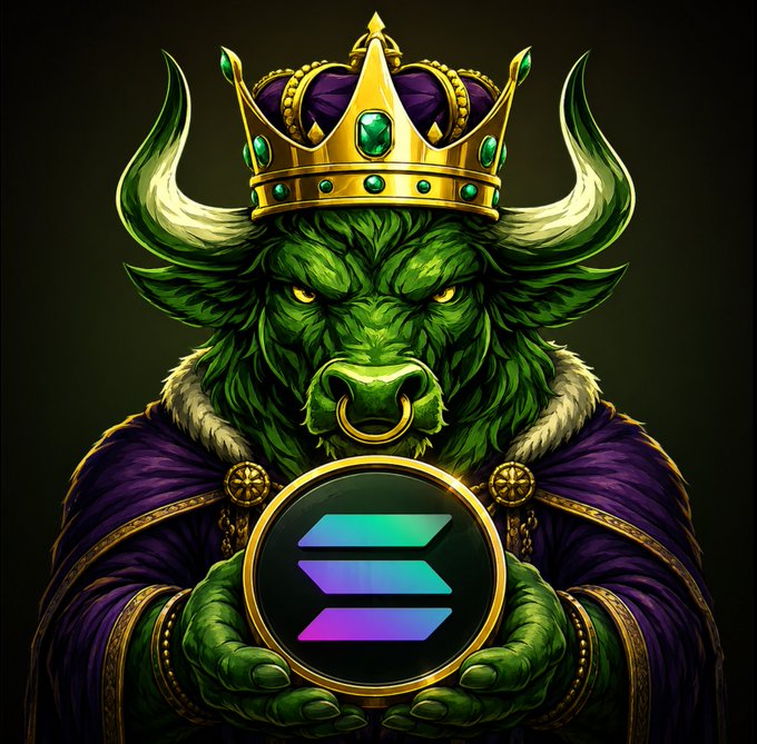 A green, crowned bull-king with glowing yellow eyes holds a glowing Solana (SOL) logo medallion, depicting the "kingbull.fun" branding associated with a crypto airdrop giveaway promotion. The image visually reinforces the post's $SOL giveaway by featuring the project mascot presenting the token emblem.