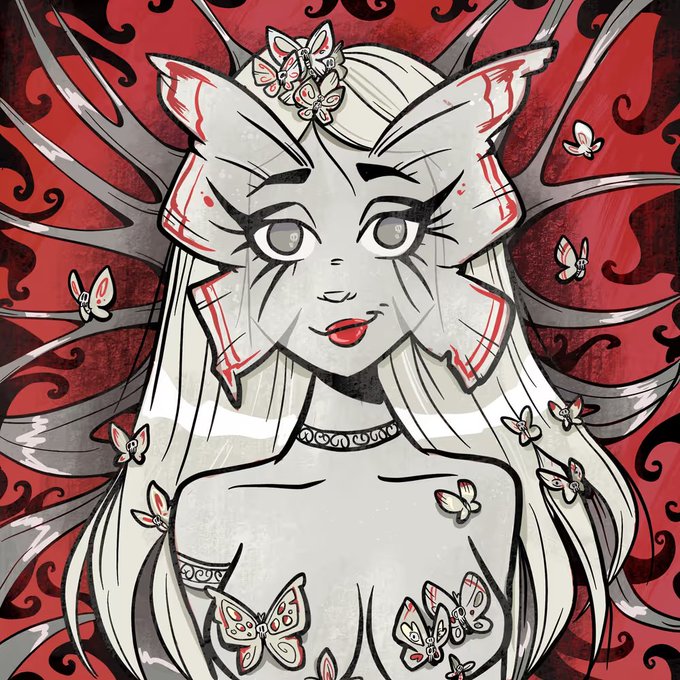A stylized digital illustration depicts a white-furred anthropomorphic feline character with long hair, adorned with butterfly motifs against a red and black swirling background.