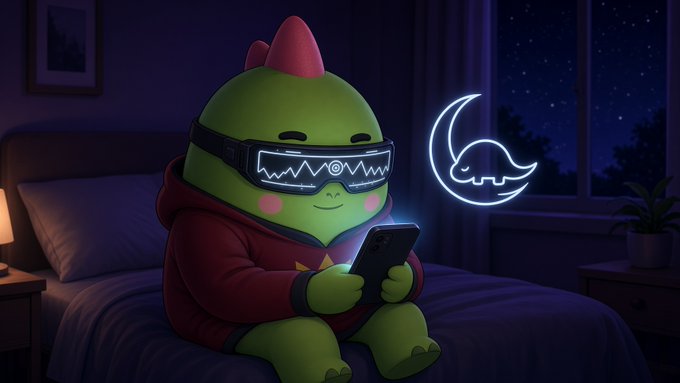 A cute green cartoon character wearing a hoodie and glowing digital glasses sits on a bed in a dark room, using a smartphone while a neon moon and wave design glows on the wall behind.