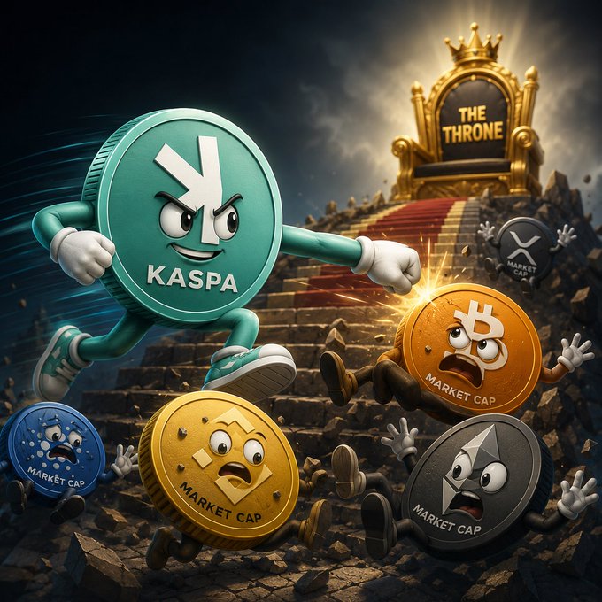 A cartoon illustration depicting the Kaspa coin running aggressively up stone stairs toward a golden 'The Throne,' while pursuing smaller cryptocurrency coins labeled 'Market Cap' scatter in panic.