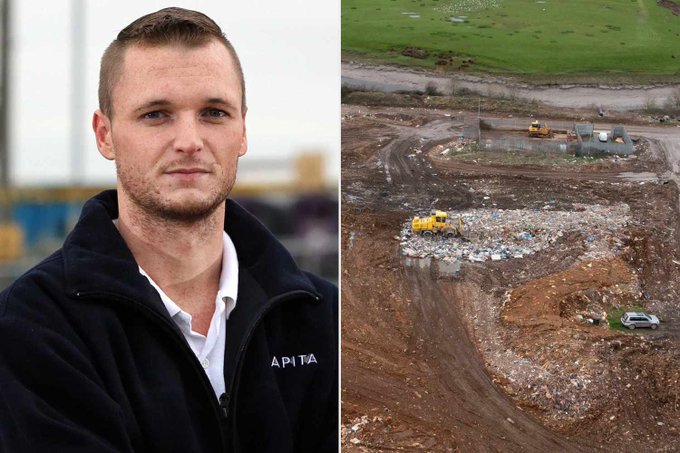 A man wearing an "APITA" branded jacket is shown alongside an aerial view of a landfill site with heavy machinery, illustrating the years-long search at the dump where his hard drive containing $742M in bitcoin is believed to be buried.