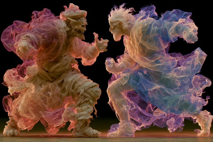 An artistic digital render shows two figures, one resembling a demon or warrior in red and the other a flowing figure in blue and purple, appearing to be made of smoke or clouds against a black background.
