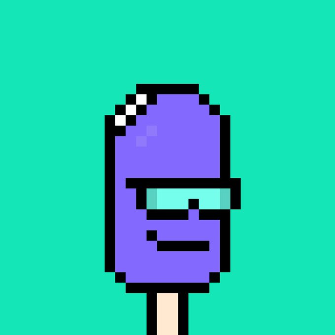 A pixel art popsicle with sunglasses and a stern expression on a teal background.