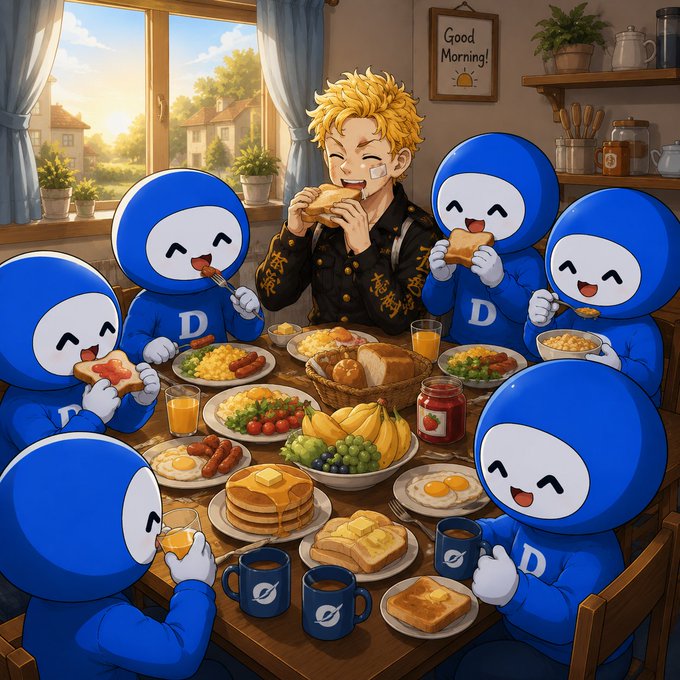 A cheerful group of blue mascot characters (marked with "D") and a blonde anime-style figure share a bountiful breakfast of pancakes, eggs, toast, fruit, and coffee in a sunlit kitchen featuring a "Good Morning!" sign, capturing the warm, community-focused spirit of DlicomApp's positive GM message.