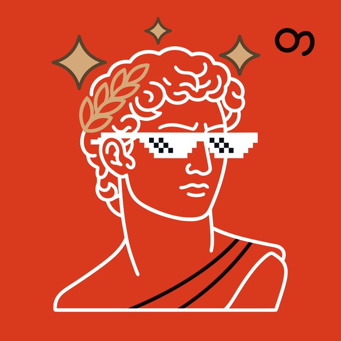 A stylized line-art illustration of a Greek/Roman statue bust wearing pixelated "deal with it" sunglasses and a laurel wreath, set against a red background with sparkle accents and a tilde/wave symbol in the upper right. The image playfully represents the mythological "deity" or figure behind the AKARII DN404 token-NFT system, using classical art iconography to visually brand the technical concept described in the post.