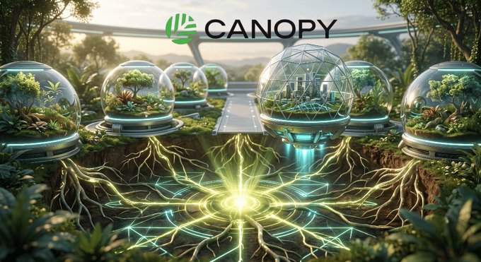 A futuristic 'CANOPY' branded illustration showing glowing biodome structures with plants connected by illuminated root-like energy networks underground.