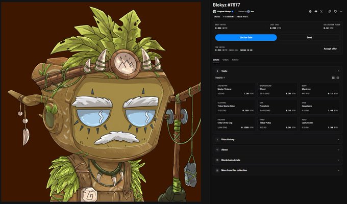 A Blokyz NFT #7677 showing a cartoonish stone-like character with leaves on its head, displayed alongside an OpenSea trading interface showing a "List for Sale" button and stats like "3.304 WETH" floor price.