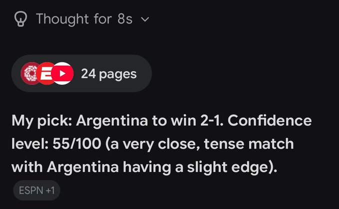A dark screen showing the 'Thought for 8s' feature with a soccer ball and ESPN logo, stating 'My pick: Argentina to WIN 2-1. Confidence level: 55/100.'