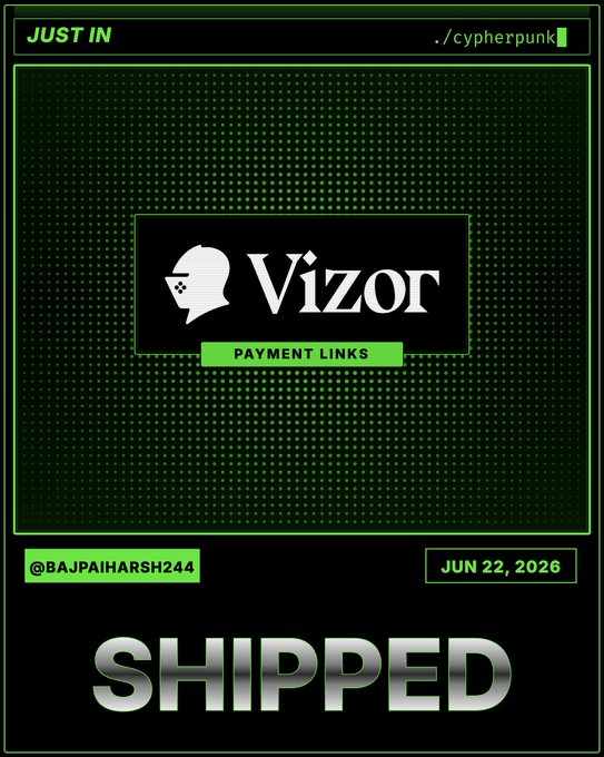 The image shows a green background with white text that reads "SHIPPED". The text also includes a link to a payment method, which appears to be Zcash or ZECash. The image features a logo for @vizor wallet on the left side and a message about payment links in the middle of the image.