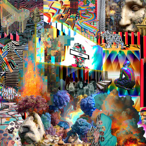 A chaotic, surreal digital collage combines numerous disparate images including classical statues, faces, colorful geometric patterns, pixelated blocks, and vibrant textures in a densely packed composition.