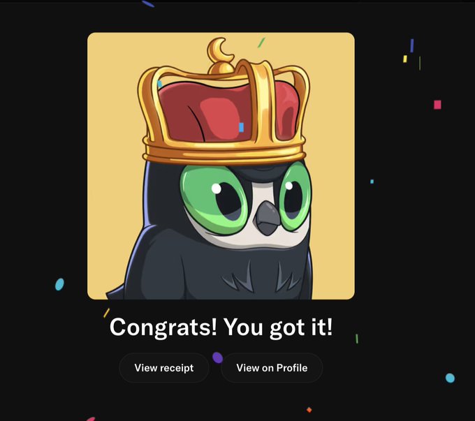 A celebratory screen showing a cartoon owl wearing a red and gold crown with the text 'Congrats! You got it!' and buttons to 'View receipt' or 'View on Profile.'