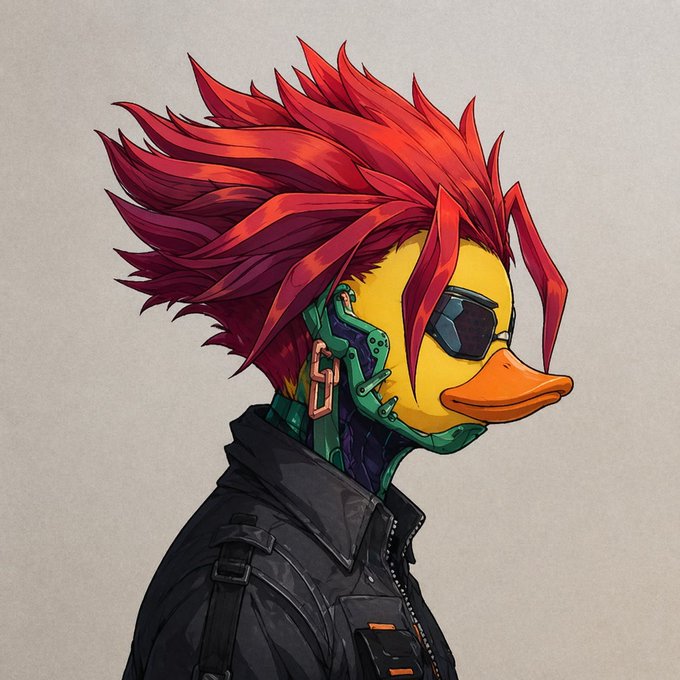 The image features an artist's drawing of a person wearing sunglasses and a leather jacket with a yellow duck face on their shirt. The duck has red hair and is wearing a pair of glasses, giving them a unique appearance. The artwork seems to be a digital illustration or a comic strip, as indicated by the text "What I find intriguing about @wallchain is its ability to alter the viewpoint on content creation." This suggests that the artist's work may challenge traditional views on content creation and distribution in the digital age.