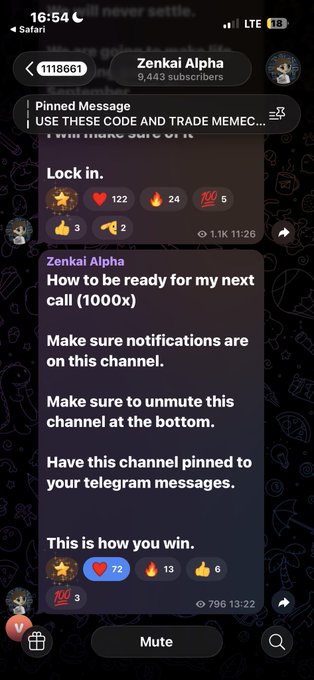 A Telegram channel screenshot from 'Zenkai Alpha' with 9,443 subscribers showing pinned messages including 'USE THESE CODE AND TRADE MEMECO...' and a post titled 'How to be ready for my next call (1000x)' with instructions to enable notifications and unmute.