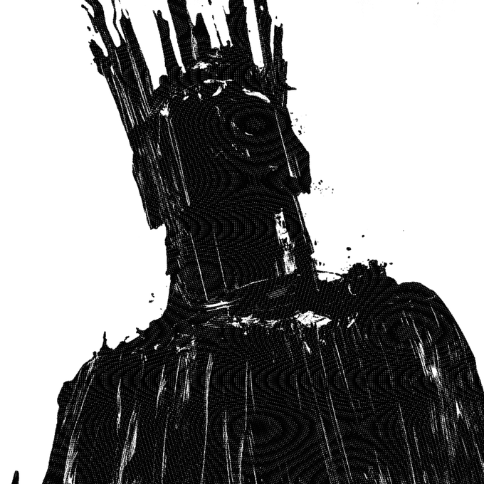 A black and white stylized digital artwork depicting a humanoid figure rendered in dripping, pixelated, glitch-art style brushstrokes against a white background.