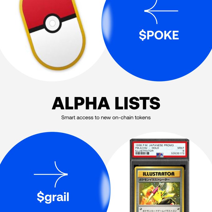 The image features a blue circle with two white balls inside of it, one labeled "POKE" and the other "grail". The text above the circles reads "ALPHA LISTS", which suggests that there are lists available for sale on this platform. One of these lists is related to Pokemon cards, as indicated by the Pokemon card in the bottom right corner of the image.
