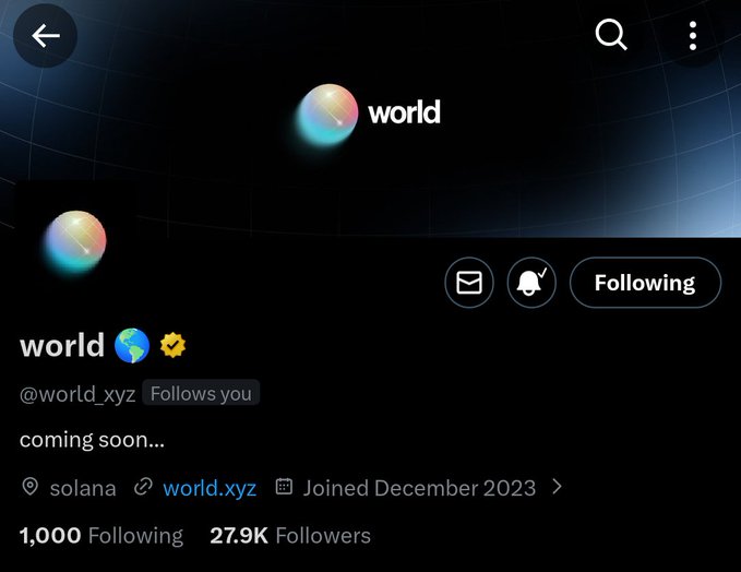 The image shows the X (Twitter) profile of @world_xyz, displaying the username "world" with a verified checkmark, a bio reading "coming soon...", location tag "solana", website "world.xyz", a join date of December 2023, 1,000 Following, and 27.9K Followers. The profile appears to be associated with a Solana-based project, and the post highlights the impressive engagement on its marketing, noting that notable crypto personalities are reaching out via DM.