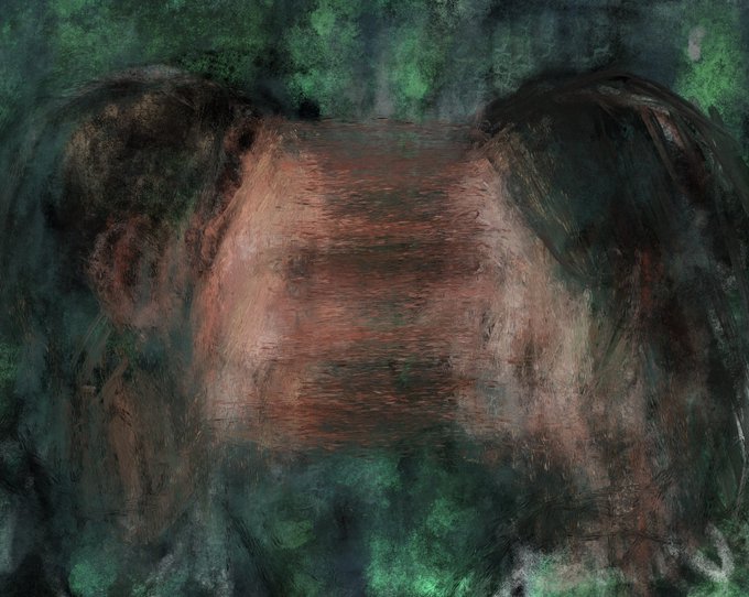 An abstract painted artwork with swirling green and dark hues featuring two large, ear-like shapes and a textured, pinkish-brown central form resembling a vessel or vase.