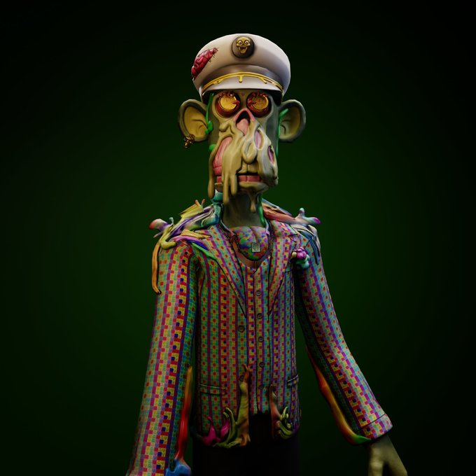 A detailed 3D rendered character featuring a melting, zombie-like figure wearing a white sailor cap and a colorful checkered suit, standing against a dark green background.