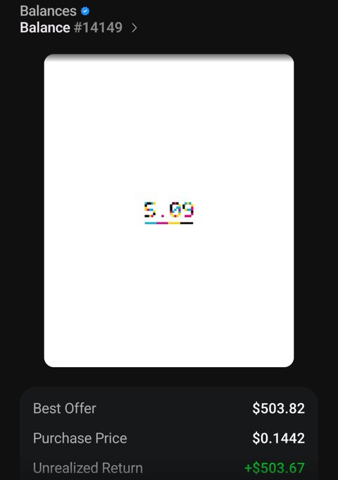 Crypto balance screen for “Balance #14149” showing “$503.82,” “Purchase Price $0.1442,” and green “Unrealized Return +$503.67,” with a blurred token icon.
