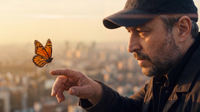 A man in a cap gently extends his finger as a monarch butterfly lands on it, set against a hazy cityscape at golden hour, symbolizing the delicate "butterfly effect" referenced in the post about SK Hynix's debut on Nasdaq and the launch of the $SKHY token on Solana.