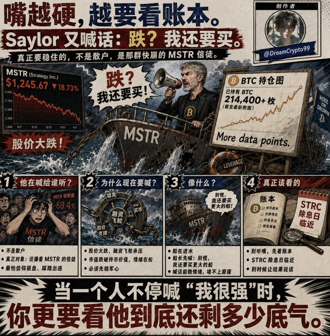 A Chinese financial commentary meme about MicroStrategy's (MSTR) stock crash, featuring Michael Saylor shouting "Crashed? I'm still buying!" while standing on a sinking ship displaying "214,400+ BTC held," with four panels contrasting fearful "MSTR信徒" (believers) holding their ears vs. rational investors reviewing actual balance sheet data as the stock plummets 68.4% to $1,245.67. The bold caption warns that "When someone keeps shouting 'we're strong,' you should look at how much substance they actually have left," reinforcing the post's skeptical take on Saylor's bravado amid the crash.