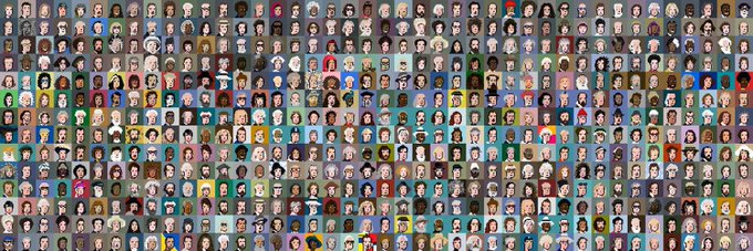 A massive grid of diverse cartoon-style avatar portraits, arranged in tightly packed rows, represents the NFT collection being given away. The image visually showcases the variety of unique character designs available in the @itsajoak "evolastion" mint that users can enter to win.