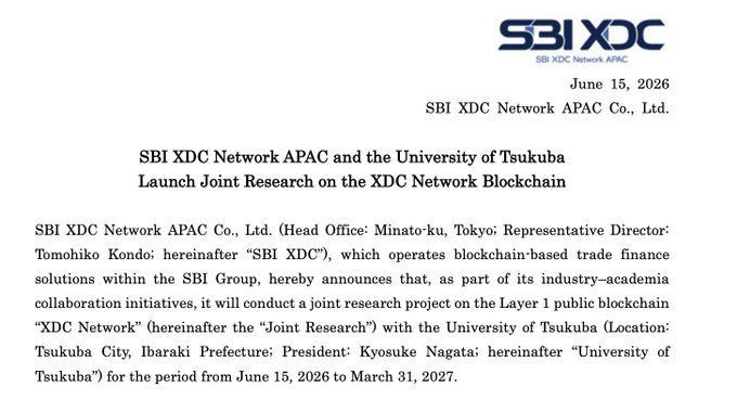 A press release from SBI XDC Network APAC Co., Ltd. dated June 15, 2026, announcing a joint research project with the University of Tsukuba on the XDC Network blockchain, running from June 15, 2026 to March 31, 2027. The document features the SBI XDC Network APAC logo and supports the accompanying post's announcement about the collaboration extending through March 2027.