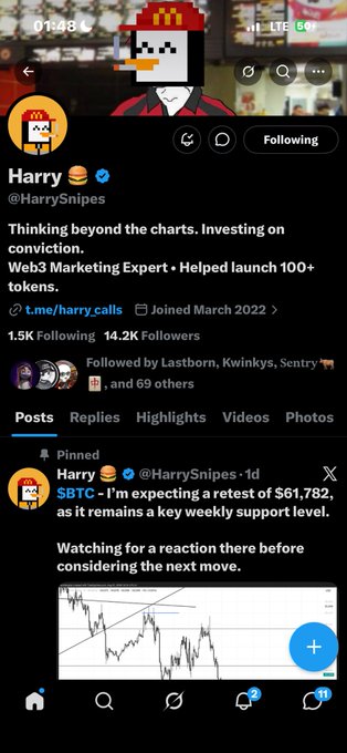 A screenshot of the X (formerly Twitter) mobile app shows the verified profile of 'Harry (@HarrySnipes)' with a pixel art snowman profile picture, describing himself as a 'Web3 Marketing Expert', featuring a pinned post about '$BTC' expecting a retest of '$61,782'.