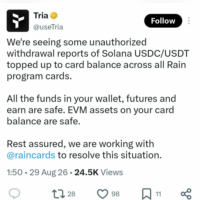 A tweet from Tria (@useTria) reporting unauthorized withdrawal reports of Solana USDC/USDT topped up to card balance across Rain program cards, while assuring users that wallet, futures, earn, and EVM card balance funds are safe.