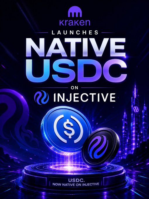 A promotional graphic with purple and blue gradients announcing 'kraken LAUNCHES NATIVE USDC ON INJECTIVE', featuring stylized 3D coins representing the cryptocurrencies.