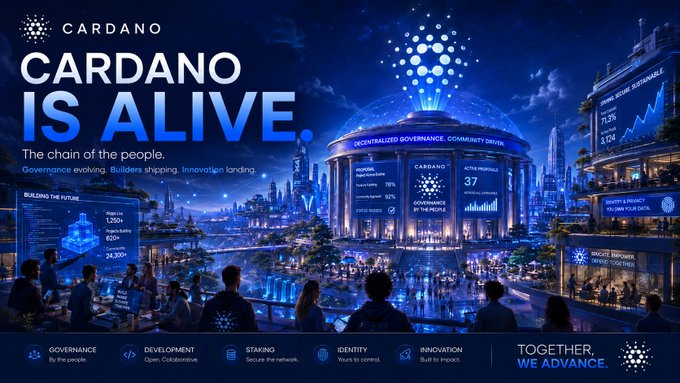 A promotional banner for Cardano cryptocurrency reading 'CARDANO IS ALIVE. The chain of the people,' featuring a futuristic blue city with people viewing digital screens displaying governance, development, staking, identity, and innovation metrics, with the tagline 'TOGETHER, WE ADVANCE.'