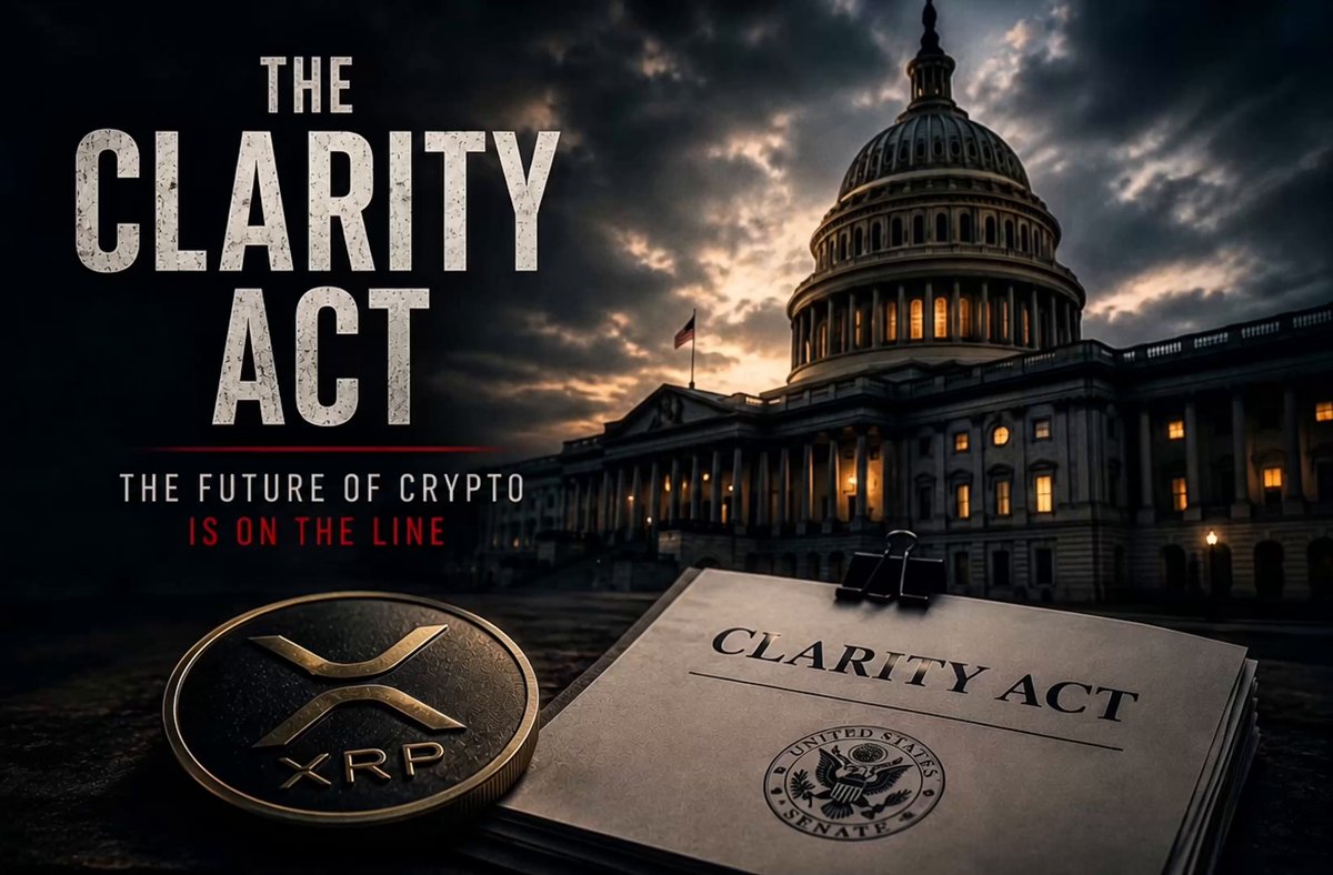 The image features a poster for "The clarity act" with a building in the background, along with an XRP coin and a signed document. The text on the poster reads "CLARITY ACT", which suggests that this could be related to cryptocurrency or blockchain technology. The presence of the XRP coin indicates that it is likely discussing the future of crypto or the adoption of new technologies like XRP. Additionally, there's a signed document in front of the building, possibly an agreement or contract related to the clarity act.