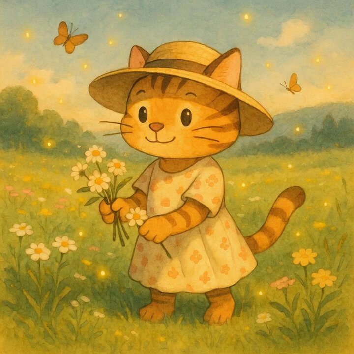 The image features a cartoon cat wearing a straw hat, holding flowers in its paws while standing in a field of flowers. The background shows a beautiful garden with yellow flowers, creating a serene and peaceful atmosphere. The caption "Effortless dawn bliss achieved" suggests that the scene is meant to evoke feelings of tranquility and happiness, as if captured during the early morning hours when the world is just waking up.