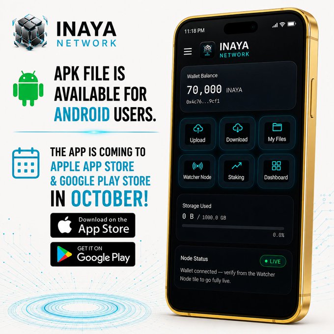 A promotional graphic for Inaya Network announces that its APK file is available for Android users, with the app coming to Apple App Store and Google Play Store in October. The phone mockup displays the app's dashboard showing a wallet balance of 70,000 INAYA tokens and features like Upload, Download, My Files, Watcher Node, Staking, and Dashboard, reinforcing the post's message about Inaya's transparent, hard-capped 30M token supply with no confusing point allocations.
