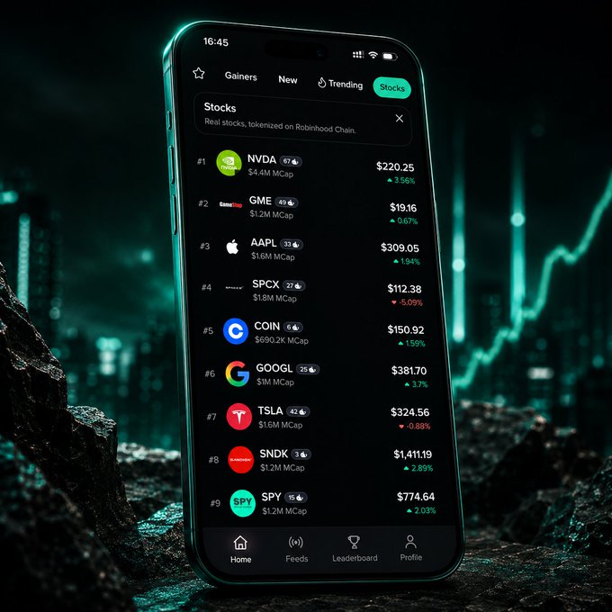 A smartphone displays a stock trading app leaderboard against a glowing green cityscape backdrop, listing tokenized stocks on Robinhood Chain including NVDA at $220.25 (+3.56%), GME at $19.16 (+0.87%), AAPL at $309.05 (+1.94%), TSLA at $324.56 (-0.89%), and SPY at $774.64 (+2.03%), with navigation tabs for Gainers, New, Trending, and Stocks. The image visually supports the post's announcement of a dedicated leaderboard for trading tokenized stocks like $NVDA, $TSLA, and $GME on Moby via Robinhood Chain.