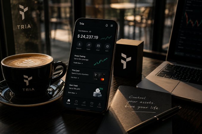 A smartphone displaying the 'Tria' crypto app with a $24,237.19 balance sits next to a matching 'TRIA' coffee cup and laptop, with the tagline 'Control your assets. Live your life.'