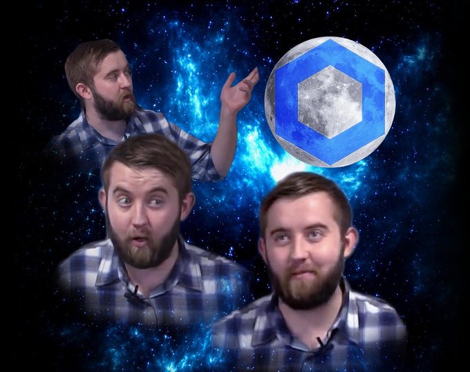 A bearded man in a plaid shirt appears three times against a cosmic blue background, gesturing toward a hexagonal blue and silver logo.