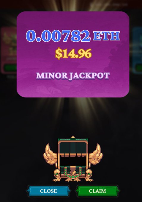 A pixel-art treasure chest with golden wings sits below a purple "MINOR JACKPOT" banner displaying a winning amount of "0.00782 ETH" worth "$14.96," with "CLOSE" and "CLAIM" buttons at the bottom—visually representing the payout the player won in Tollan Universe.