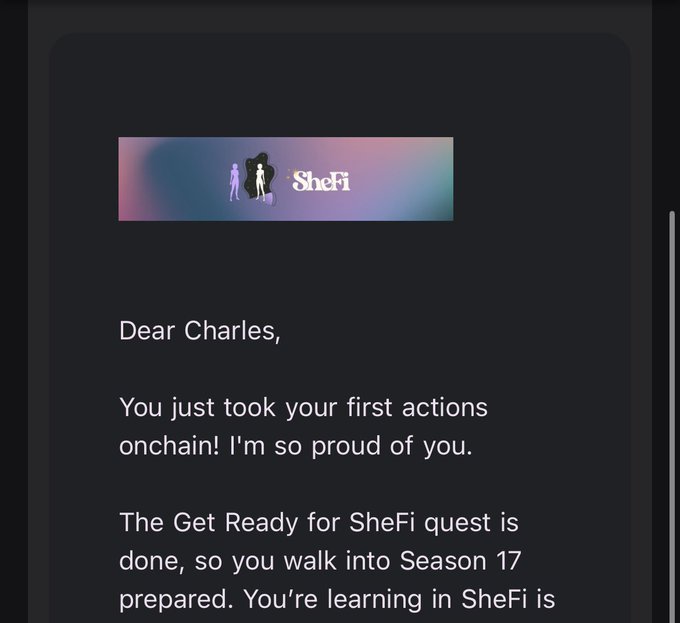 An email or message from SheFi addressed to Charles, congratulating him on completing his first onchain actions and the 'Get Ready for SheFi' quest in Season 17.