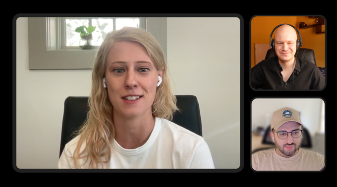A video call screenshot featuring a blonde woman with AirPods in the main frame, alongside a bald man wearing headphones and a man in a baseball cap and glasses in smaller frames. The interview setup corresponds to the post announcing an upcoming YouTube interview with @jazzicoop discussing Ripple and XRP's role in modern financial markets.